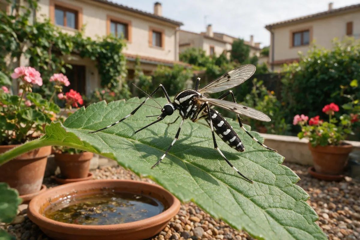 Mosquito tigre Aedes albopictus junto a plato de maceta con agua estancada en València centro, Sanea Plagas València